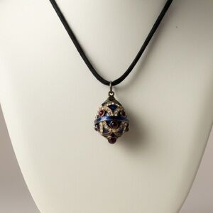 Joan Rivers Fabergé Style Egg Pendant Necklace Blue Enamel Rhinestone Ornate
